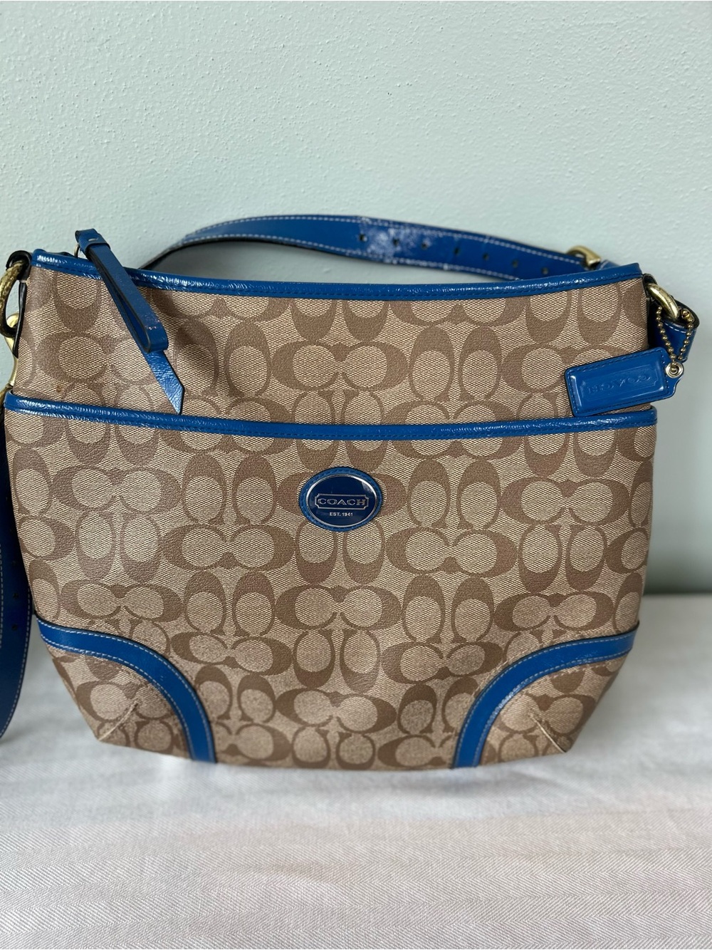 Coach Beige Signature Canvas Shoulder Bag with Blue Trim